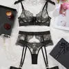 Conjunto de Lencería de Liga Bordada de Encaje Blanco Europeo y Americano Sexy para Mujer