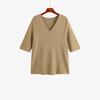 Top Básico Versátil de Color Sólido con Cuello en V para Mujer Tallas Grandes Estilo Otoño 2026 Camisa de Punto Holgada de Manga Corta para Mujer 23551