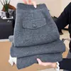 Pantalones Rectos de Lana Negros y Grises para Mujer, Nuevo Estilo Otoño e Invierno 2025, Casual, Forro Polar, Gruesos, Suaves, de Pierna Ancha, Largos