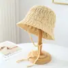Estilo Coreano Dulce~ Sombrero de Cubo Versátil, Nuevo Sombrero de Paja Primavera y Verano, Sombrero de Pescador Tejido para la Playa, Sombrero de Paja con Lazo