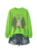 Sudadera casual y cómoda para mujer de la tienda independiente Amazon Wish con tres árboles de Navidad y luces colgantes de estrella de cinco puntas, estilo navideño