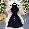 Vestido de punto sin mangas estilo Chanel para mujer 2025 Verano Francés Cintura Marcada Vestido Suéter de Espiga con Hebilla Metálica