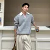 Suéter de Tricô Falso Duas Peças Cinza com Gola Polo para Homem, Outono e Inverno, Luxo Acessível, Estilo Yuppie, Solto e Casual, Peça Básica de Tricô