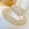 Sombrero de copa de paja francés para mujer, sombrilla de verano, protector solar, sombrero de copa plano para mujer, sombrero de sol de ala plana británico para vacaciones en la playa Tide