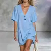 Vestido Casual Holgado de Manga Corta con Cuello en V de Algodón y Lino, Marca Independiente 2026, Estilo Vacacional Europeo y Americano, Moda Imitación Algodón y Lino para Mujer
