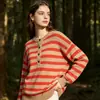 Suéter Henley Listrado Color Block Retrô para Mulheres, Gola Henley, Carcela com Meio Botão, Tricô Solto, Estilo Casual 6771106