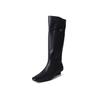 Botas de Couro Integral com Salto Anabela Estilo Motociclista Design de Nicho Francês Outono e Inverno 2024 Cano Alto de Couro com Bico Quadrado Pequeno para Mulheres