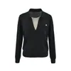 Elegante camiseta de punto casual de manga larga, estilo bloque de color, con cuello camisero y bolsillos falsos, corte holgado y favorecedor para otoño