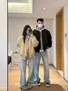 Abrigo Casual con Capucha Acolchado de Algodón Falso Dos Piezas Invierno Azul Holgado Engrosado Acolchado de Algodón para Hombre Pequeño Abrigo de Mujer 2024 Estilo Universitario