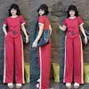 Conjunto de Moda Transfronteiriço para Mulheres Verão Novo Cor Contrastante Cavalo Bordado Manga Curta Calça de Listras de Perna Larga Casual Conjunto de Duas Peças Tendência