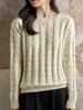 26 Suéter de Tricô Gola Redonda 100% Algodão Outono/Inverno para Mulheres, Tricô Trançado Vintage, Malha Grossa de Sete Fios, Top Suéter Quente para Usar por Baixo