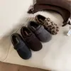 2025 Novo Estilo Coreano Bico Redondo Uma Tira com Laço Salto Médio Grosso Lã Mais Veludo Feminino Boken Sapatos Femininos