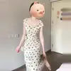 Vestido Petite de Lunares Franceses para Mujer en Primavera y Verano Aspecto Adelgazante Falda de Tirantes Cintura Falda de Línea A de Longitud Media