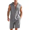 Roupa Esportiva Casual Simples de Linho Solto Sem Mangas com Capuz e Shorts Conjunto de Duas Peças