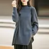 Suéter de punto para mujer 100% lana pura, cuello redondo medio alto, color liso, estilo relajado, diseño de capa oversize, nueva colección otoño/invierno, top de corte holgado