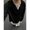 Camiseta Cinza Falsa de Duas Peças com Gola Henry de Manga Longa para Homens, Marca Americana de Moda Primavera e Outono Moletom de Gola Redonda, Camisa Pesada para Camadas Internas