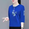 Ropa para madre de mediana edad y ancianas, comercio exterior transfronterizo, manga tres cuartos, estampada, holgada, adelgazante, casual, top rejuvenecedor, camiseta básica