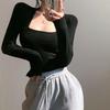 Camiseta Cuadrada de Moda y Sexy para Mujer, Estilo Europeo y Americano, Primavera y Otoño, Nueva Tendencia Transfronteriza Estilo Francés, Top Básico que Expone la Clavícula
