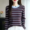 2026 Cor Retro Color-Blocking Novo Listrado Algodão Puro Tricô Simples Gola Redonda Versátil Manga Longa Slim-Fit Blusa Roupas Femininas