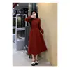 Vestido Chinoiserie Vermelho Botão Plus Size Feminino Outono Novo Retro Saia Evasê Cintura Emagrecedora Botão Saia Longa