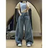 Jeans de tres rayas para hombre y mujer, corte recto holgado, pierna ancha, estilo americano de alta costura, modernos y versátiles con patchwork de rayas