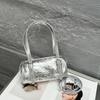 Bolso de Mano Cilíndrico de Cuero Genuino para Mujer Estilo Coreano Novedoso Trendy Capa Superior Piel Vacuna Patrón Craquelado Bolso de Hombro Bolso Sencillo de Axila