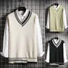 Colete estilo preppy com decote V para casal de estudantes, solto, cor contrastante, jk casual, colete suéter com combinação de cores, suéter dk, masculino e feminino