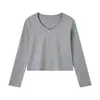 En stock nuevo modelo 2026 92% algodón 8% elastano cuello en V manga larga camiseta para mujer, 230g peso pesado estilo BM corte ajustado camiseta básica