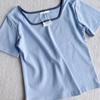 Camiseta de hombro con cuello cuadrado francés azul de entrega de leche de una pieza para mujer, verano, nicho de alta gama, top de manga corta puro de chica caliente