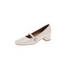 Sapatos Mary Jane de pele de carneiro estilo fada, pérola, primavera 2025, elegantes, todos combinados, salto médio grosso, bico quadrado, couro, cano baixo, camada única