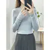 Blusa de tricô básica redonda em tom roxo-rosado para mulheres, corte justo, versátil, base de lã stretch