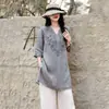 Camisa de Lino de Algodón de Gama Alta para Mujer Verano Nuevo Estilo Artístico Rejuvenecedor Versátil Talla Grande Holgada Casual Bordado Top de Longitud Media