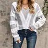Ins Amazon Transfronterizo Nuevo Suéter de Punto de Otoño e Invierno Cuello en V Tipo Holgado Empalme de Color Simple Versátil Suéter de Talla Grande