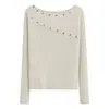 Top de punto blanco de manga larga asimétrico y con hombros descubiertos estilo coreano para mujer, colección de otoño, diseño único y hermoso, perfecto como capa interior para lucir la clavícula, 2510
