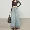Jeans estiloso estilo americano com patchwork de estampa de leopardo, perna larga, para mulheres, azul claro, cintura alta, corte solto, emagrecedor, calça de comprimento total