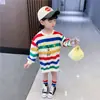 Primavera y Otoño Nuevo Estilo Princesa Ropa Exterior para Niñas Vestido Suéter de Longitud Media Rayado Moda Lindo Vestido Top