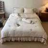Juego de tres o cuatro piezas de mezcla de algodón y lino bordado estilo francés, funda de edredón y sábana de encaje de algodón y lino puro, ropa de cama transpirable vintage para niñas