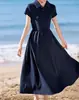 Vestido Casual Holgado de Verano 2026, Estilo Nuevo, Cuello Polo, Patchwork, Ceñidor de Cintura, Estilo Perezoso, Manga Corta para Mujer