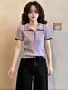 Camiseta de punto de manga corta con diseño de cuello polo morado para mujer, nuevo estilo verano 2026, top elegante y versátil A13184