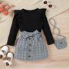 Baopai Children's Wear Moda feminina europeia e americana Outono e inverno Saia xadrez com alça de fivela e bolsa, terno infantil