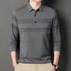 Camiseta de manga larga de primavera para hombre con cuello, ropa para hombres de mediana edad y mayores, top con bolsillo real, polo a rayas