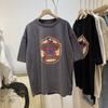 Camiseta de Manga Corta con Cuello Redondo y Hombro Caído con Estampado de Letras de Dibujos Animados Desgastado de Primavera para Mujer, Top Básico Holgado y Lacio de Estilo Handsome