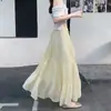 Saia Slimming de Verão Novo Estilo para Mulheres, Saia de Bolo de Quatro Seções, Cintura Alta Elástica, Barra Larga Saia de Gaze Linha A, Saia Longa
