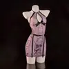 Body Atrevido de Malla Transparente Estilo Cheongsam de Cuello Halter para Tallas Grandes, Ceñido a la Cintura, Elevador de Glúteos, Set de Medias de Malla, Pijama Sedoso