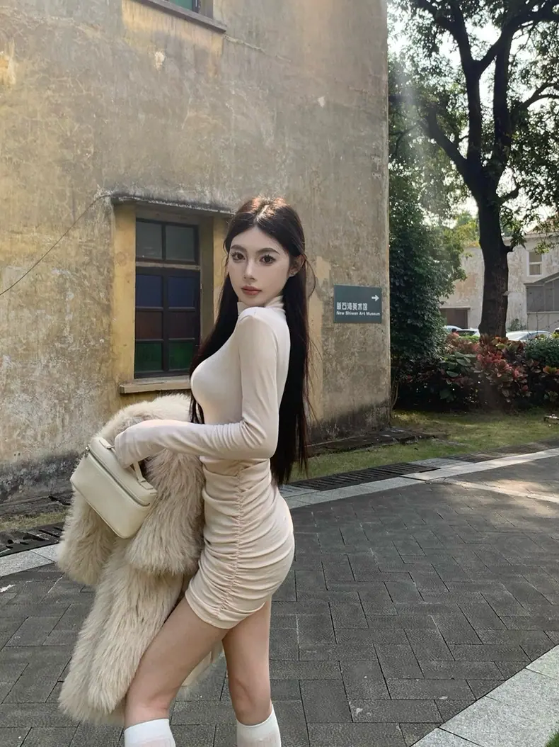 商品详情图_辣妹半高领长袖连衣裙女秋冬季修身包臀裙内搭打底裙