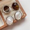Pendientes de Moda Europeos y Americanos con Aguja de Plata y Piedra de Ojo de Tigre Ovalada, Ágata Negra, Nácar Natural, Estilo de Lujo Ligero, Pendientes Versátiles