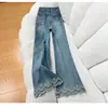 Jeans de Campana Bordados Retro para Mujer, Nuevo Estilo Primavera/Verano, Tallas Grandes, Cintura Alta, Diseño Adelgazante, Pantalones Acampanados Cortos