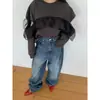 Chique Coreano Outono Novo Design de Nicho Organza Franzido Recorte Manga Longa Solta Moletom para Mulheres 3 Cores
