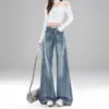 Calça jeans flare azul retrô estilo americano para mulheres, design novo, corte solto, não aperta nas pernas