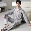 Algodão PuroPijama Masculino de Manga Longa com Gola Reversível, Conjunto de Pijama Listrado Outono para Jovens com Desenho Animado, Corte Amplo